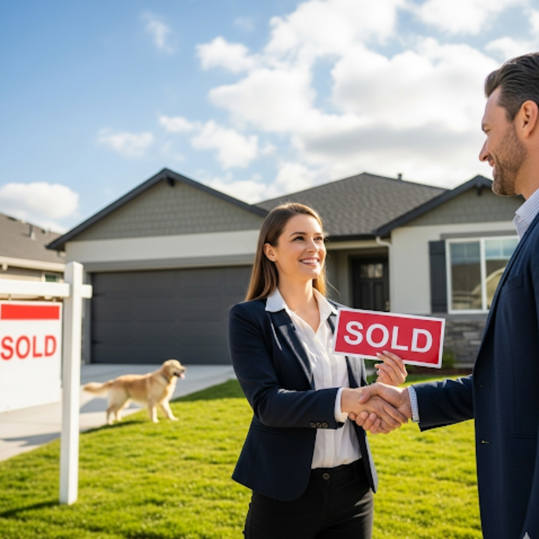 Real Estate Agent Handshaking Customer in Front of House